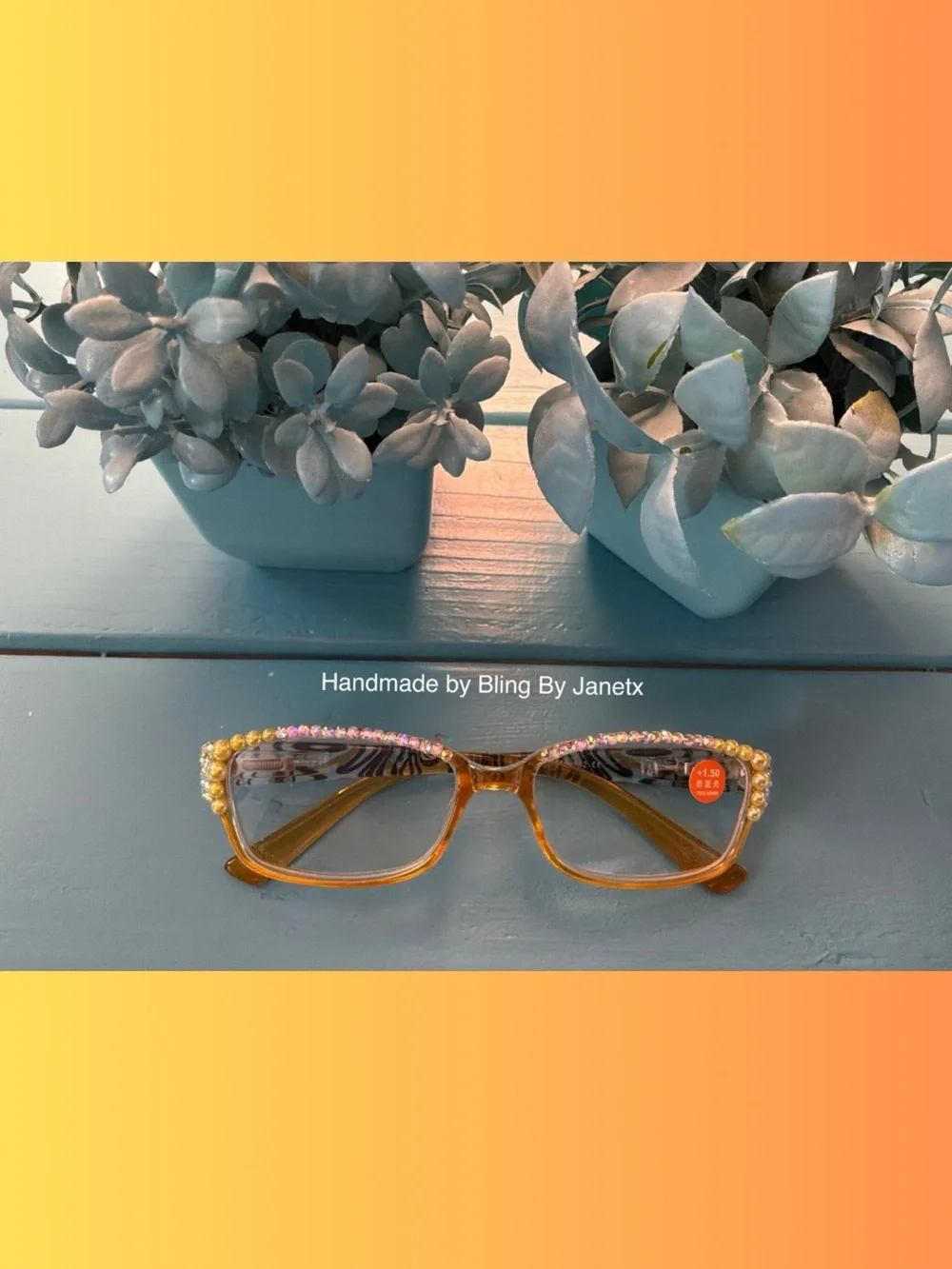 Handmade Crystal-Embellished Reading (+1.50) Glasses - Yellow